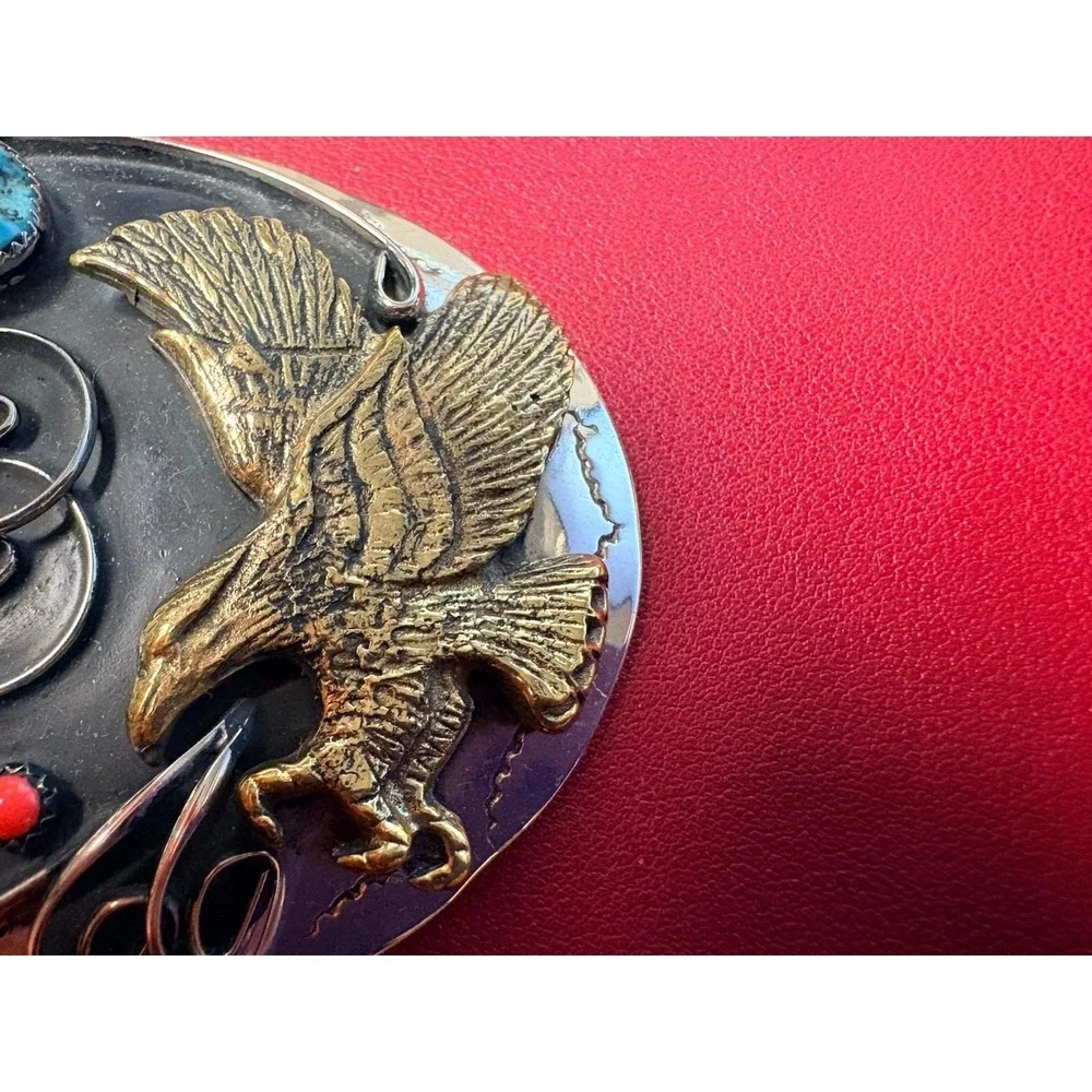 Large Turquoise and Coral Eagle Authentic $1 Coin Southwestern Style Belt Buckle